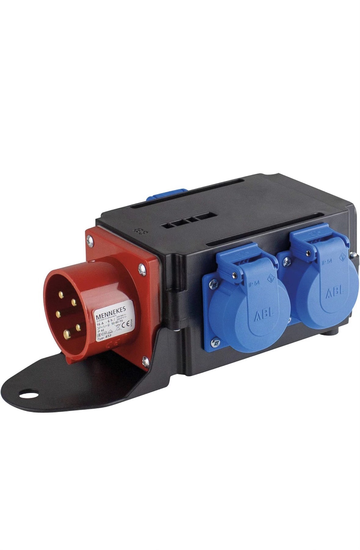 Kompakter Stromverteiler mit rotem CEE-Stecker 16A und blauen Schuko-Steckdosen